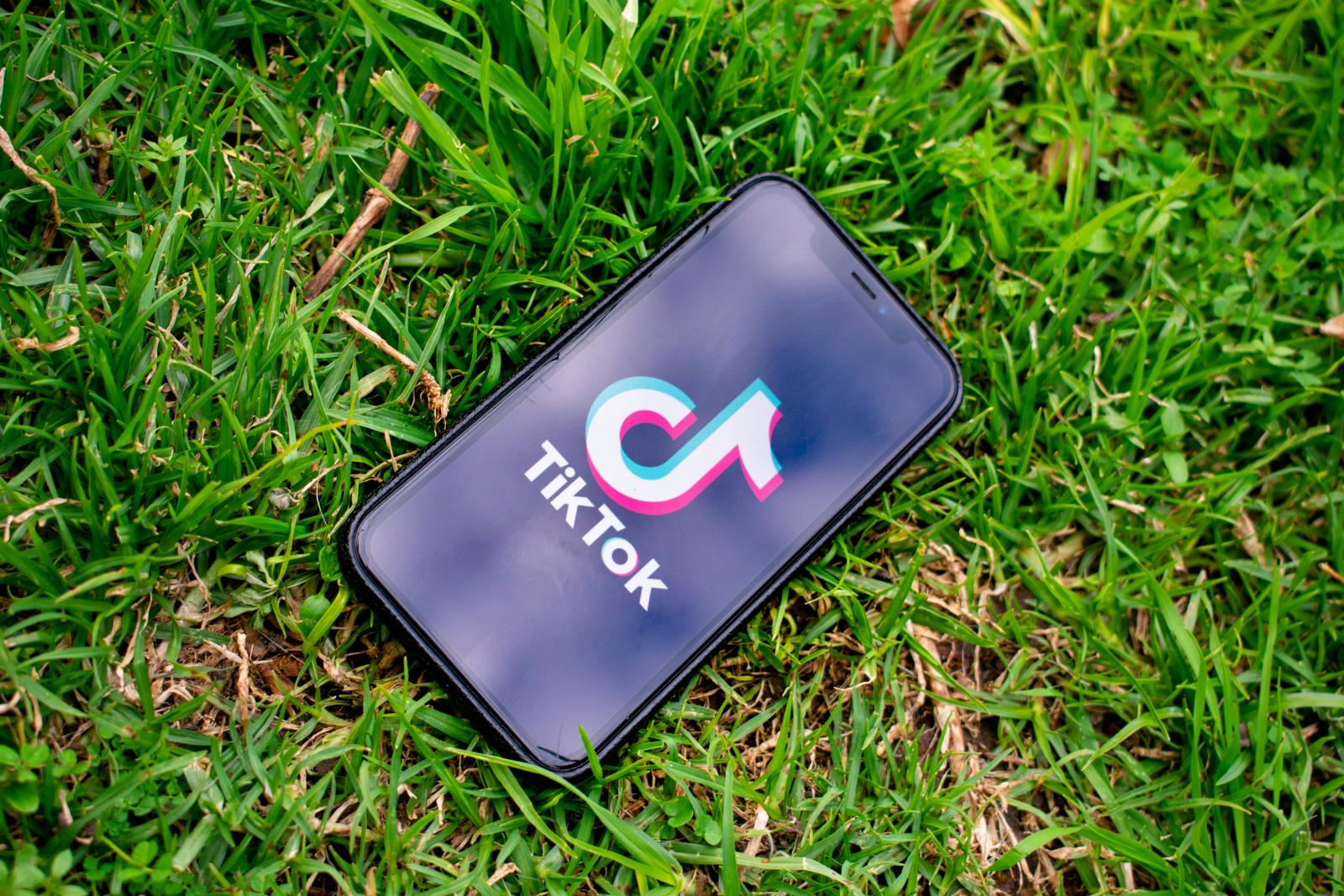 Smartphone appoggiato sull'erba, sullo schermo si vede il logo dell'App Tik Tok