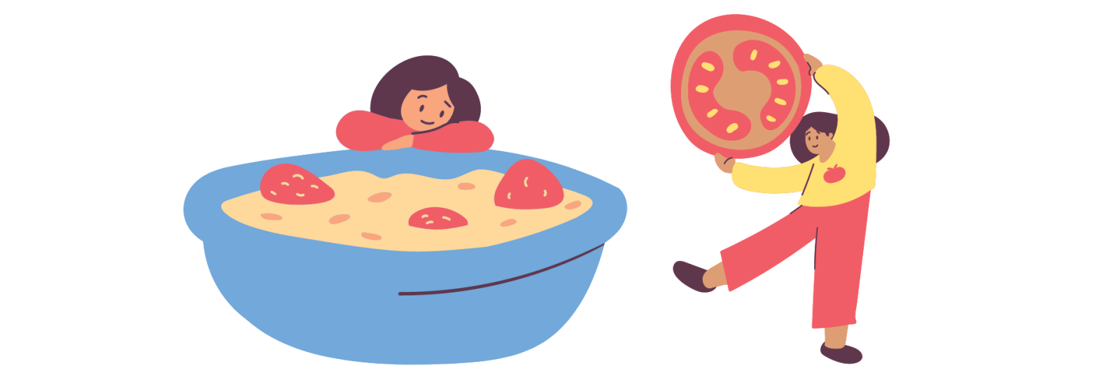 Bambina con un pomodoro gigante e bambina con ciotola gigante