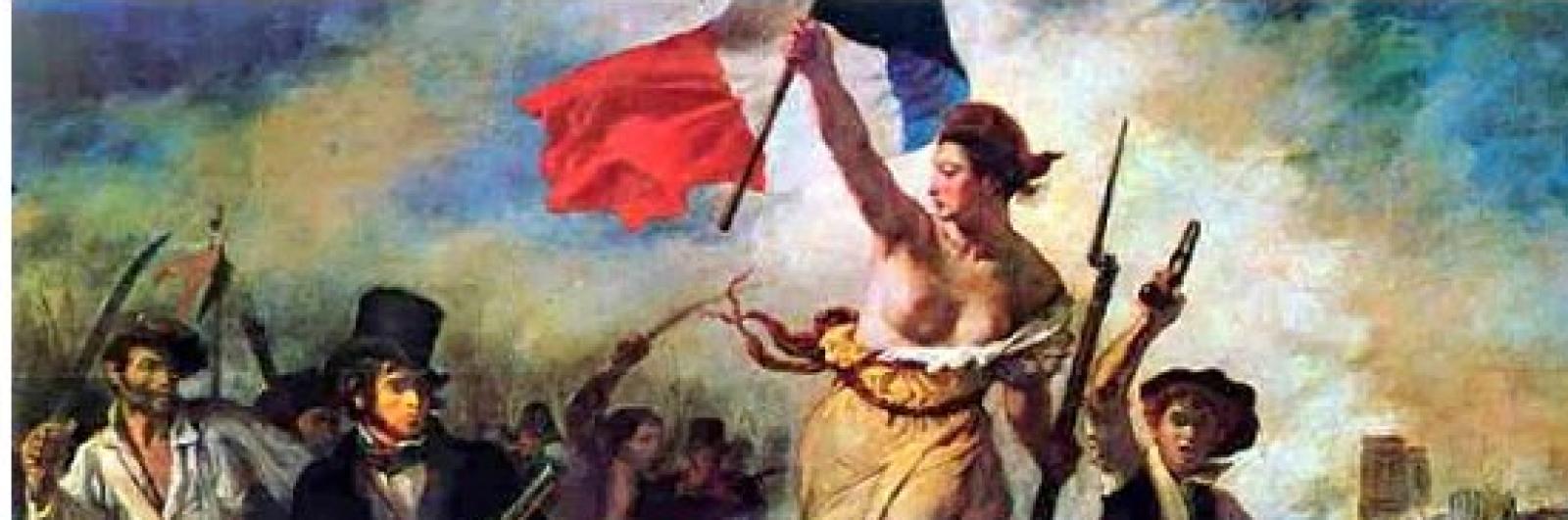 donna che tiene in mano la bandiera francese in battaglia