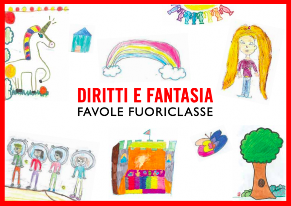 Disegni di bambini: castello, arcobaleno, albero, unicorno.