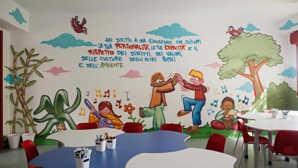 Aula scolastica con un murales sui diritti dell'infanzia
