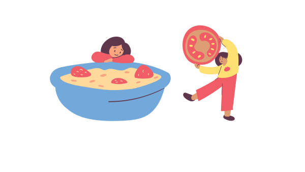 Bambina con un pomodoro gigante e bambina con ciotola gigante