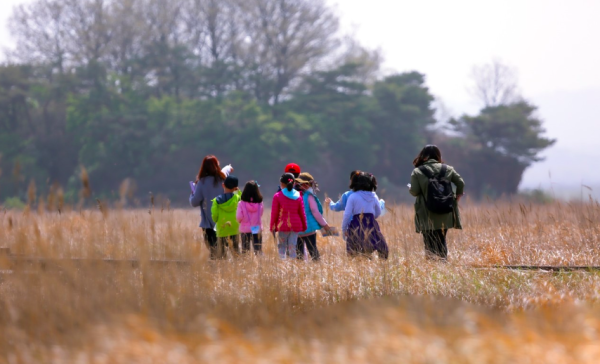 Bambini che passeggiano in un campo